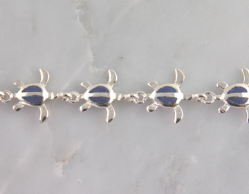 Sterling Silver Lapis Turtle Inlay Link Womens Bracelet  