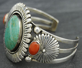 Navajo Betty Bitsie Silver Turquoise & Coral Bracelet  