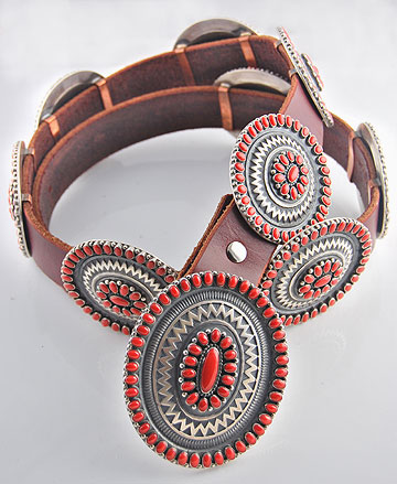 Ernest Begay Navajo Sterling Silver Coral Concho Belt