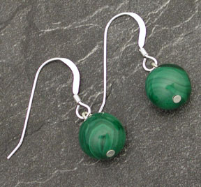 Sterling Silver Malachite Round Ball Dangle Earrings  