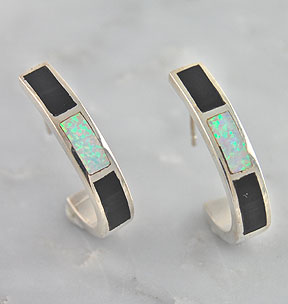 Sterling Silver Onyx & Opal J Hoop Inlay Earrings  