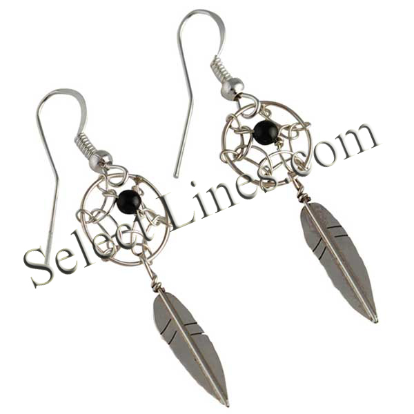  Sterling Silver Black Onyx Dreamcatcher Dangle Earrings Navajo