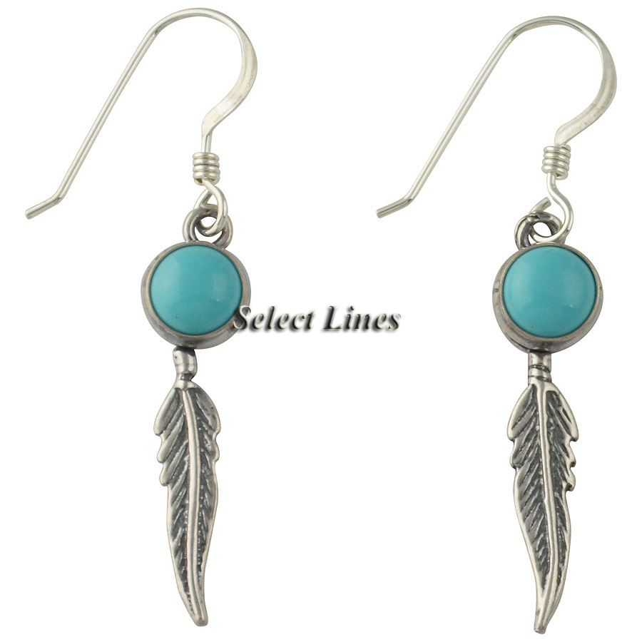 Sterling Silver Turquoise Feather Dangle Earrings   