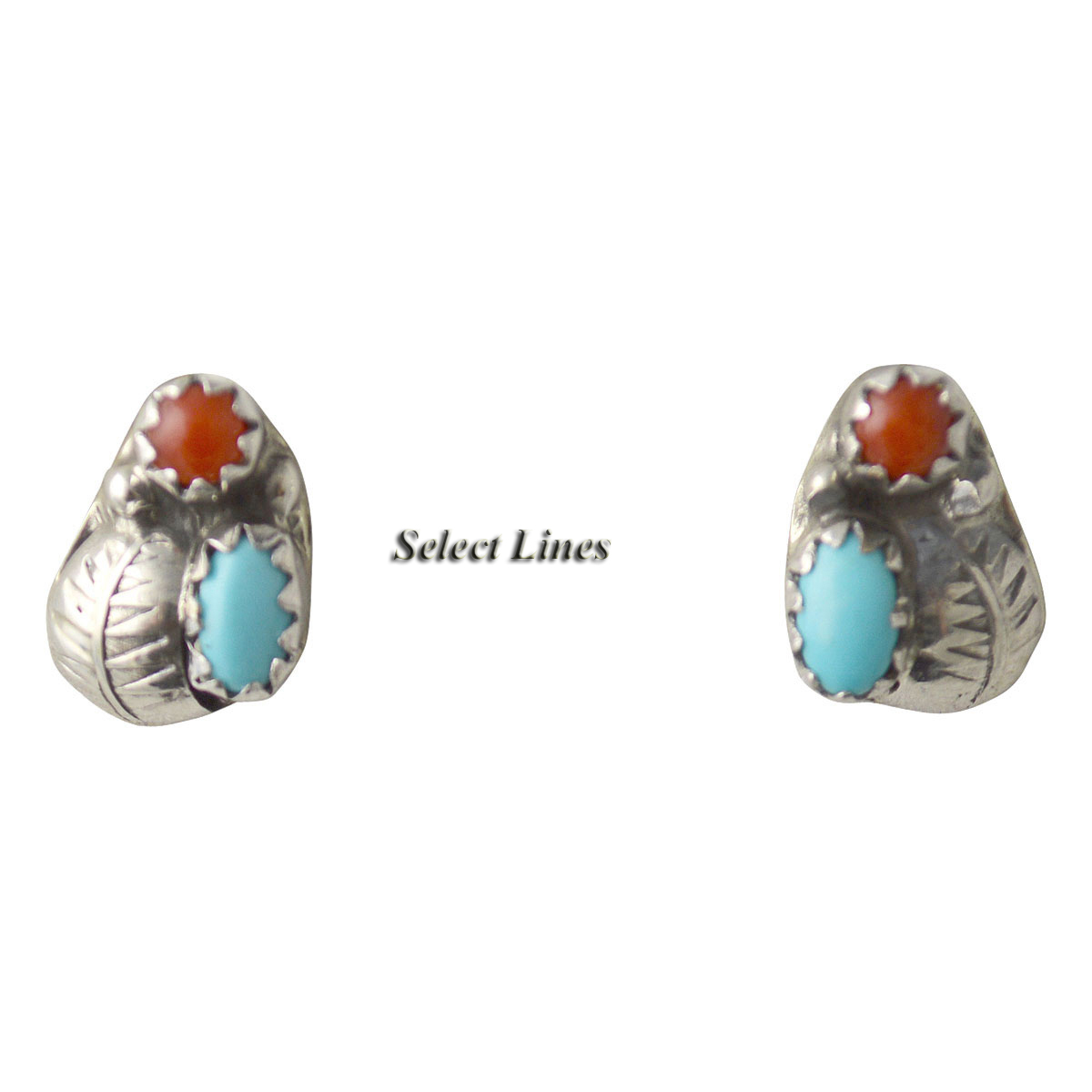 Turquoise & Coral Leaf Post Earrings Navajo Sterling Silver .925 