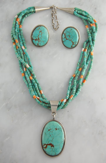 Navajo Tim Martinez Sterling Silver Turquoise Necklace & Earrings 