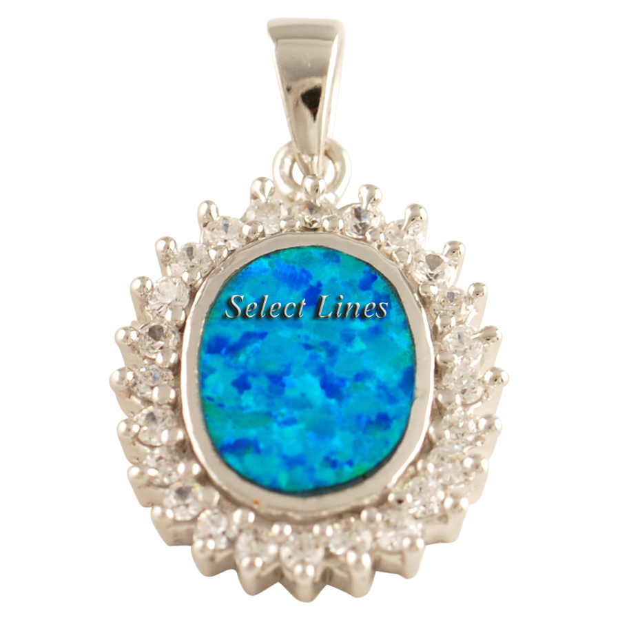 Sterling Silver Blue Opal CZ Oval Necklace Pendant .925  