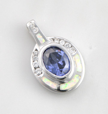 Silver White Opal Tanzanite CZ Necklace Pendant .925  