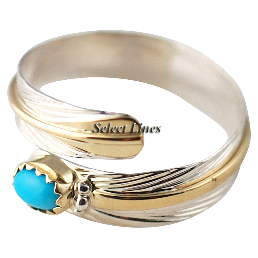 Sterling Silver & 12KGF Turquoise Feather Adjustable Ring Native 